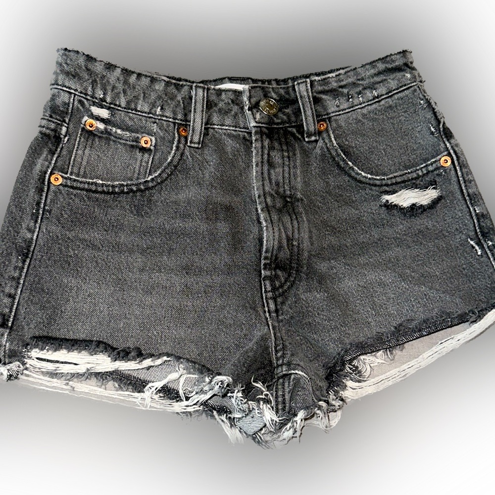 Zara Black Distressed High-Waist Jean Shorts
